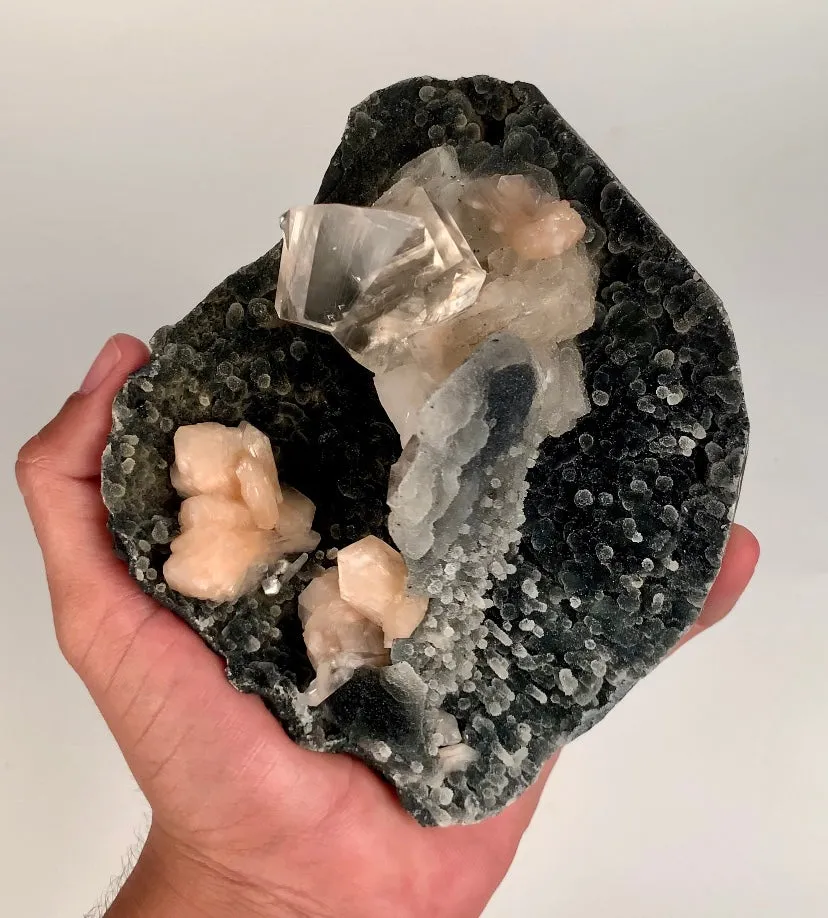 Top-Notch Gemmy Champagne Calcite with Stilbite on Black Chalcedony | Indian Zeolite Specimen – Jalgaon DK86 - image 2