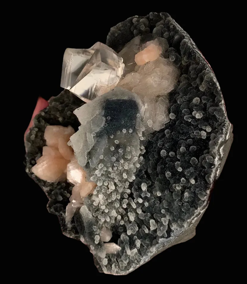 Top-Notch Gemmy Champagne Calcite with Stilbite on Black Chalcedony | Indian Zeolite Specimen – Jalgaon DK86 - image 4