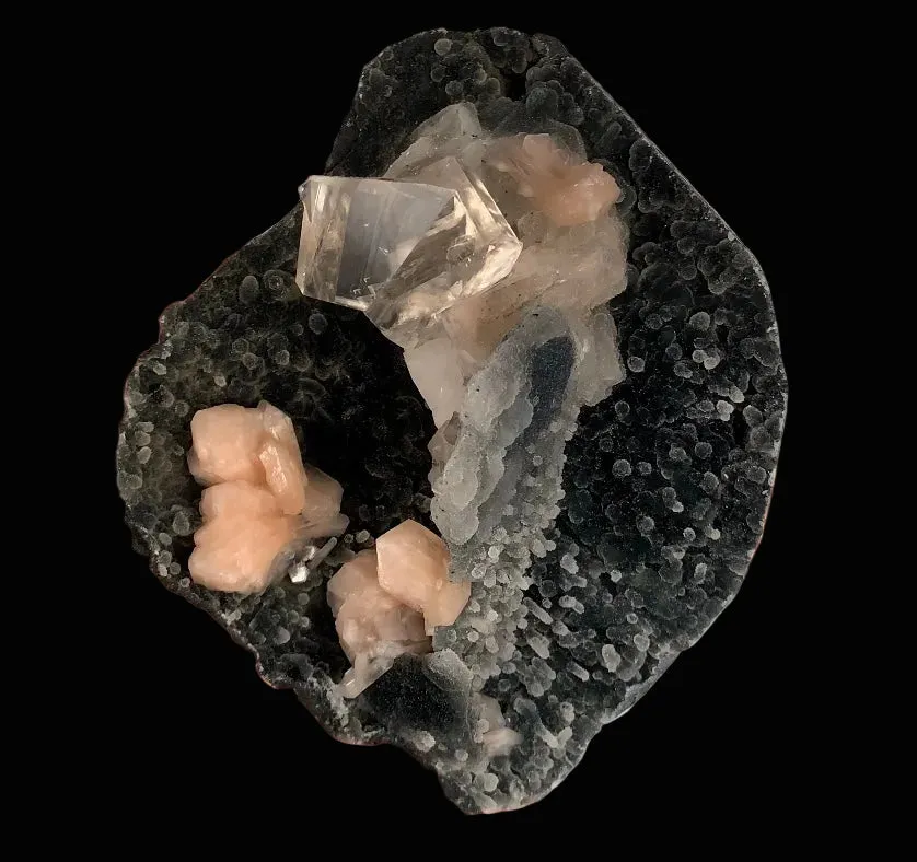 Top-Notch Gemmy Champagne Calcite with Stilbite on Black Chalcedony | Indian Zeolite Specimen – Jalgaon DK86 - image 5