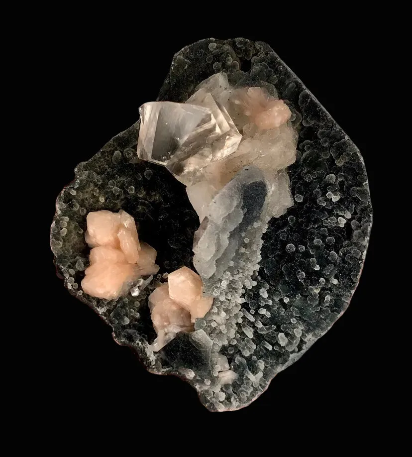 Top-Notch Gemmy Champagne Calcite with Stilbite on Black Chalcedony | Indian Zeolite Specimen – Jalgaon DK86 - image 2