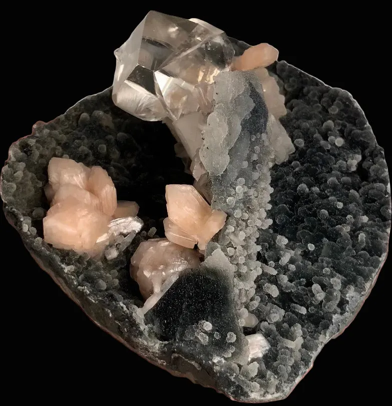 Top-Notch Gemmy Champagne Calcite with Stilbite on Black Chalcedony | Indian Zeolite Specimen – Jalgaon DK86 - image 3