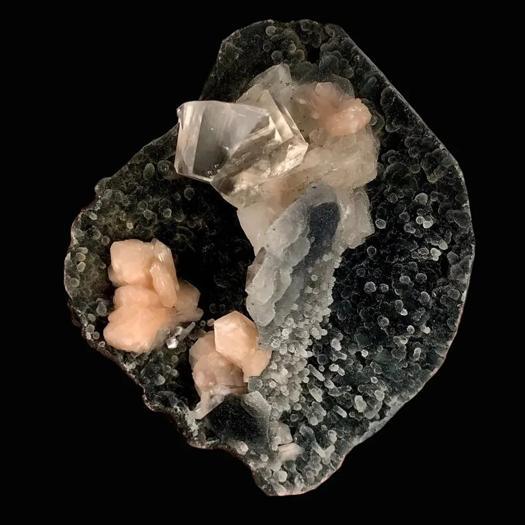 Top-Notch Gemmy Champagne Calcite with Stilbite on Black Chalcedony | Indian Zeolite Specimen – Jalgaon DK86 image