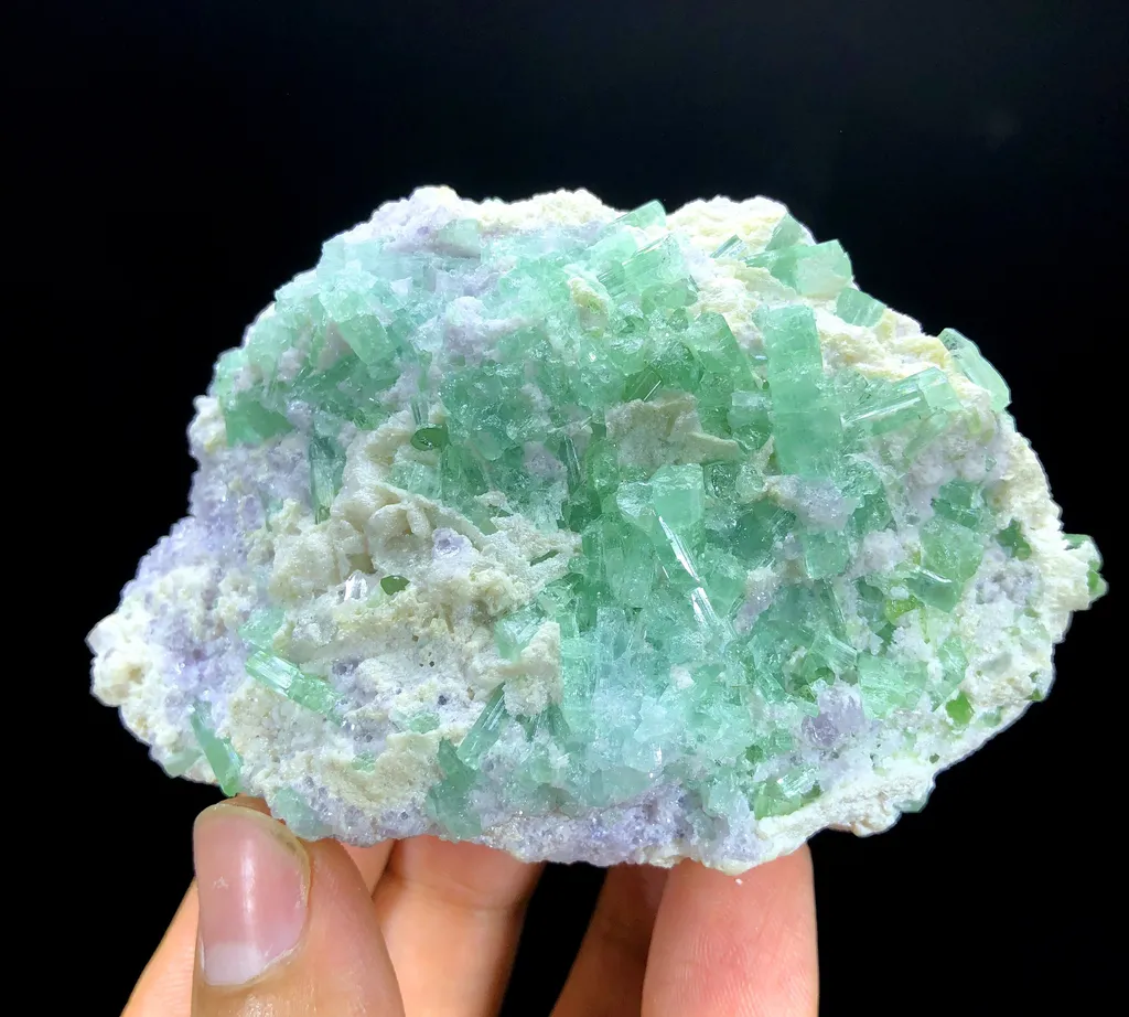 Tourmaline Crystals with Pink Lepidolite , Paraiba color Like Tourmaline Specimen, Tourmaline Cluster, Mineral Specimen image