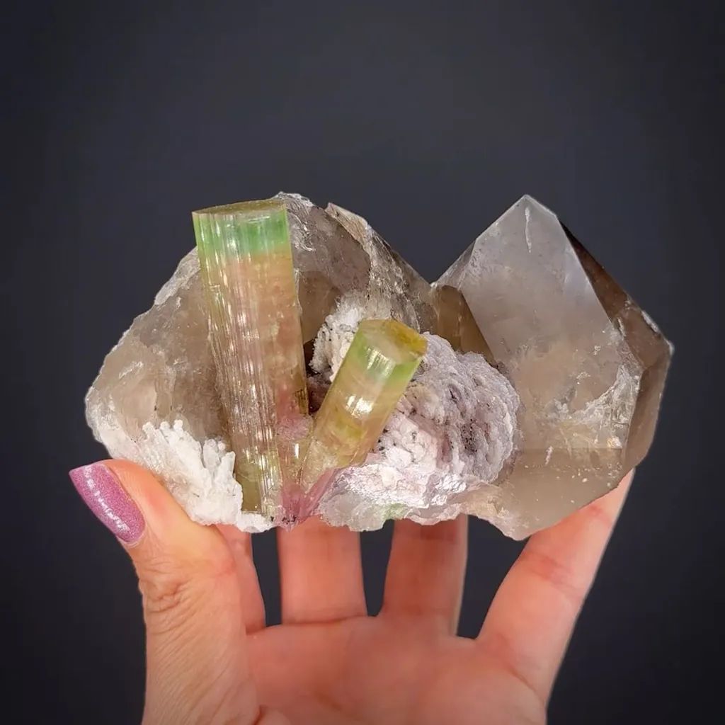 Tourmaline on Smoky Quartz with Lepidolite image