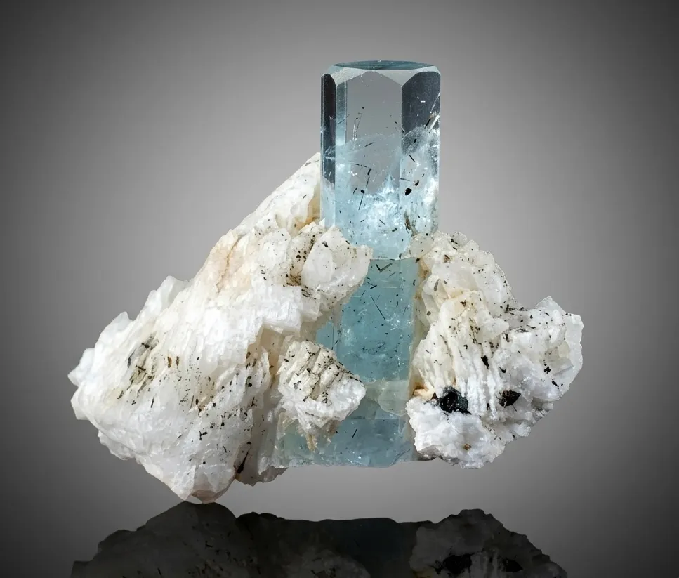 Transparent Blue Aquamarine with Schorl Inclusions on Cleavelandite from Pakistan image
