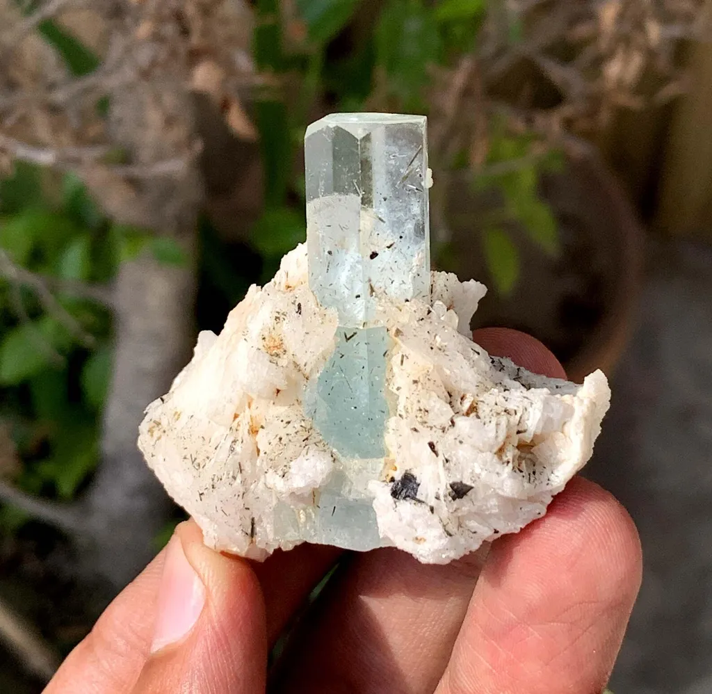 Transparent Blue Aquamarine with Schorl Inclusions on Cleavelandite from Pakistan - image 5