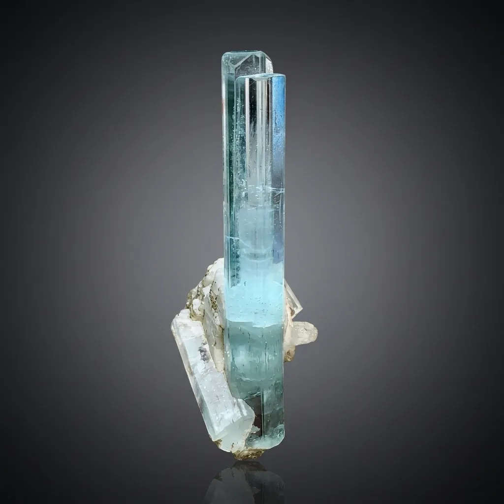 Transparent Elongated Blue Aquamarine Crystals with Albite from Pakistan image