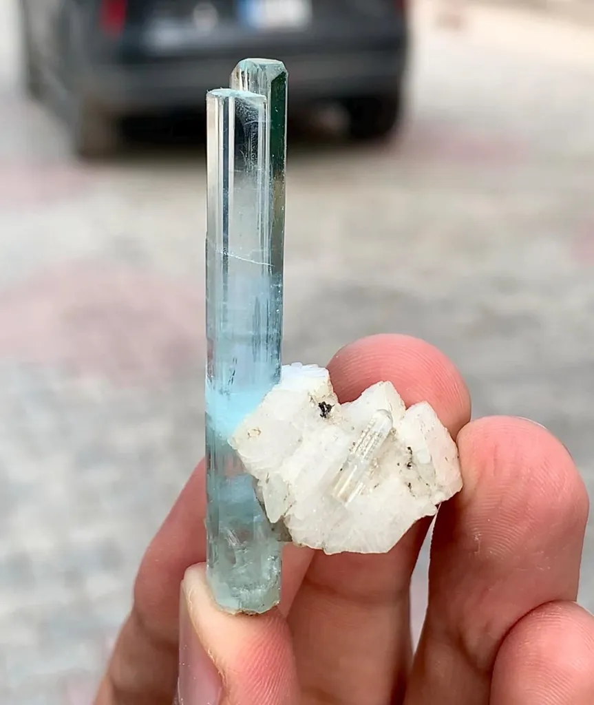 Transparent Elongated Blue Aquamarine Crystals with Albite from Pakistan - image 7