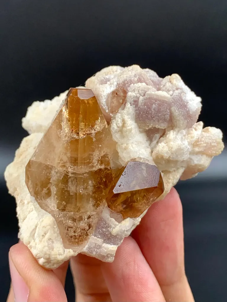 Twinned Golden Topaz Crystals with Pink Lepidolite - image 7