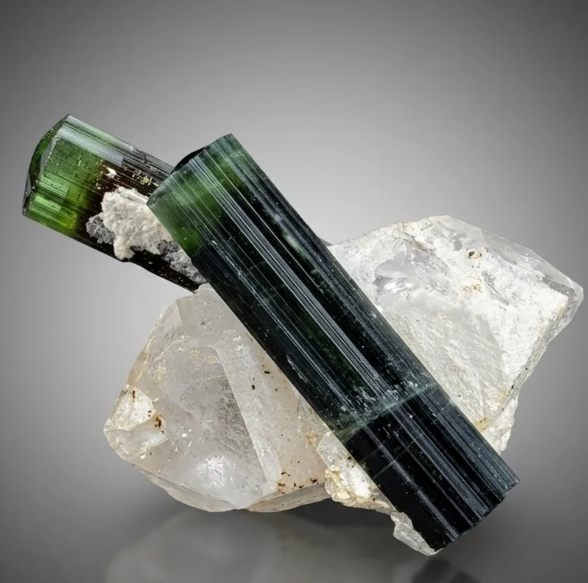 Twinned Green Cap Tourmaline Crystals on Quartz from Pakistan image
