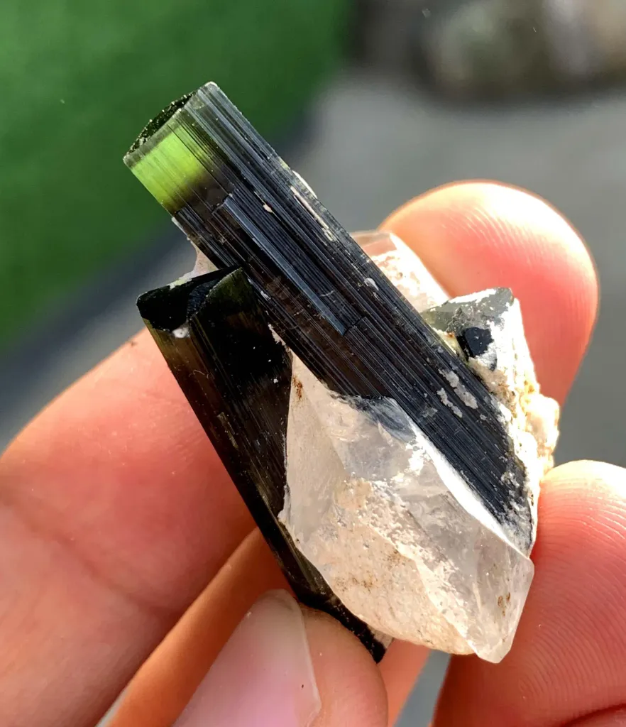 Twinned Green Cap Tourmaline Crystals on Quartz from Pakistan - image 3