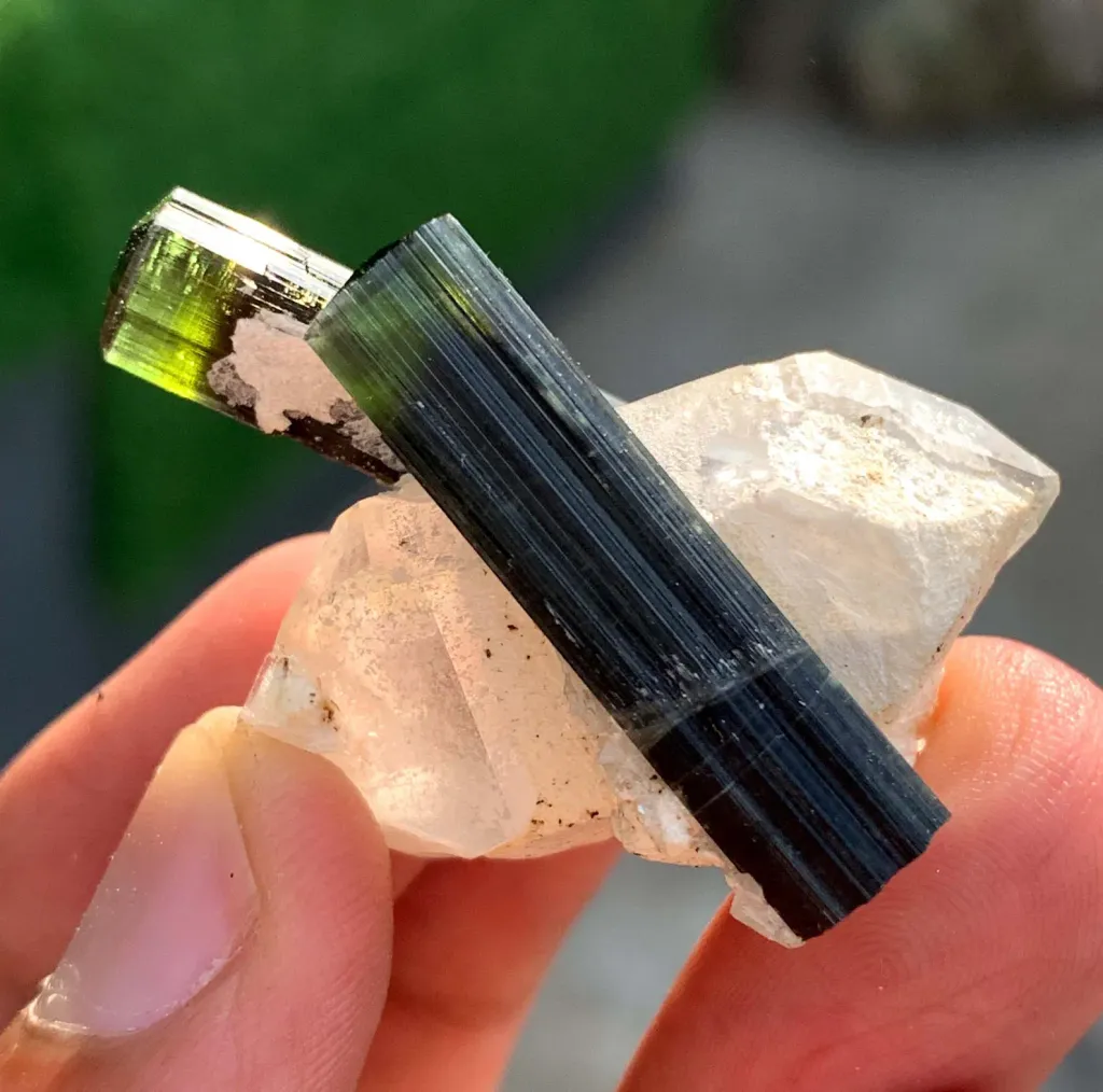 Twinned Green Cap Tourmaline Crystals on Quartz from Pakistan - image 2