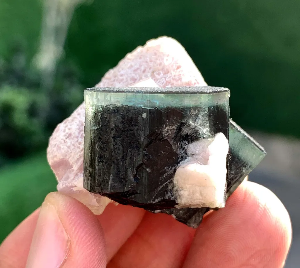 Twinned Green Cap Tourmalines with Apatite and Pink Lepidolite - image 2