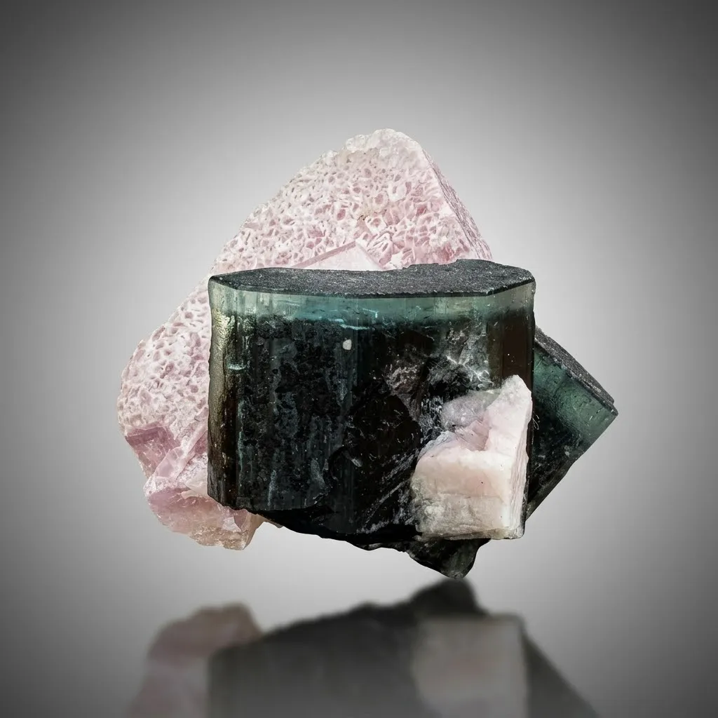 Twinned Green Cap Tourmalines with Apatite and Pink Lepidolite image