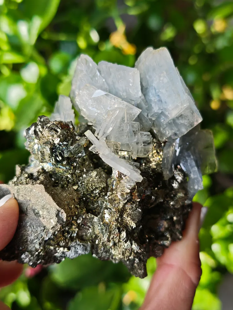 Unique blue barite crystals with pyrite - Morocco. Crystalline elegance and light blue color in it barites in a shiny pyrite - image 9