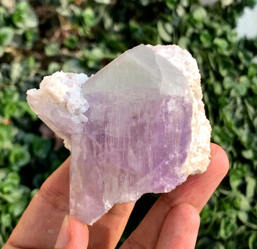 V SHape Bicolor Twinned Kunzite Crystals on Albite Minerals Specimen from Afghanistan - image 5
