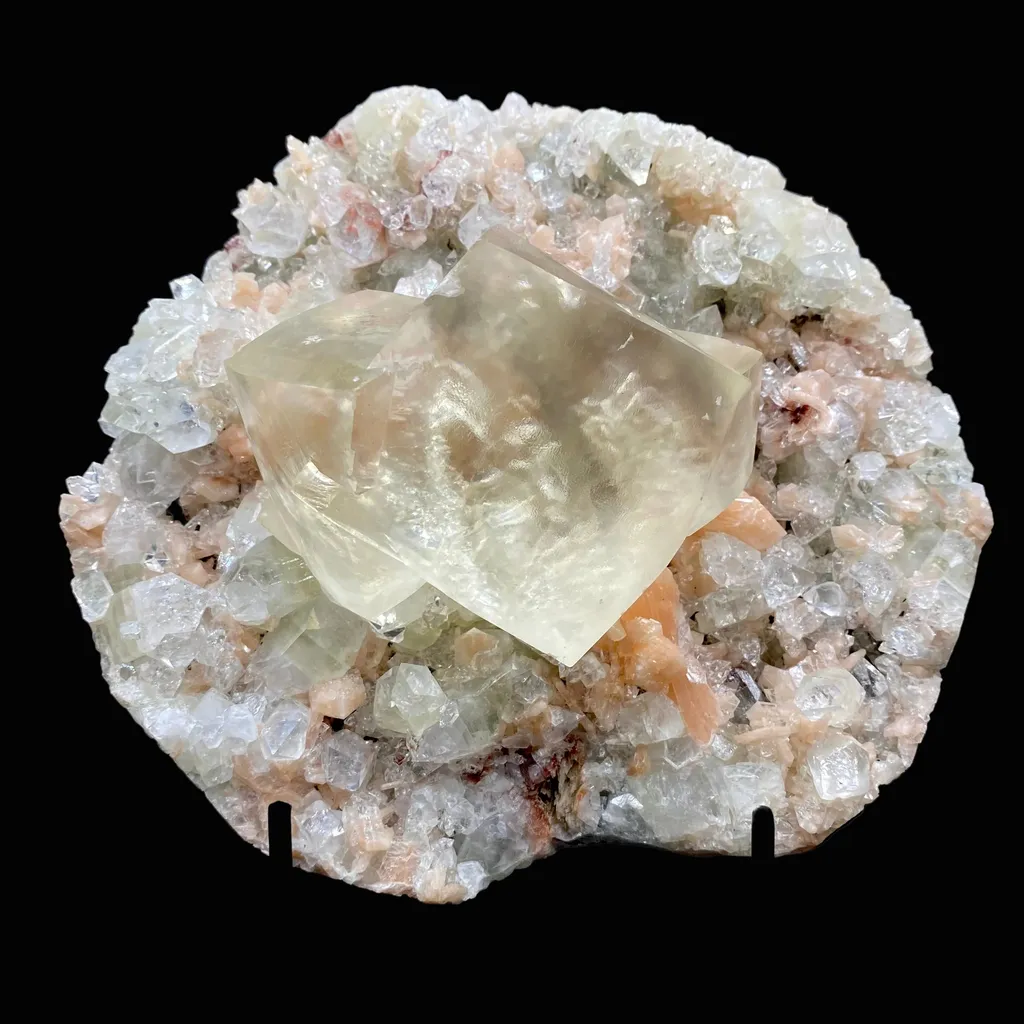 Very Gemmy Multidimensional Calcite Crystal on Apophyllite & Stilbite Matrix | Rare Indian Zeolite Mineral Specimen from Jalgaon DK113 image