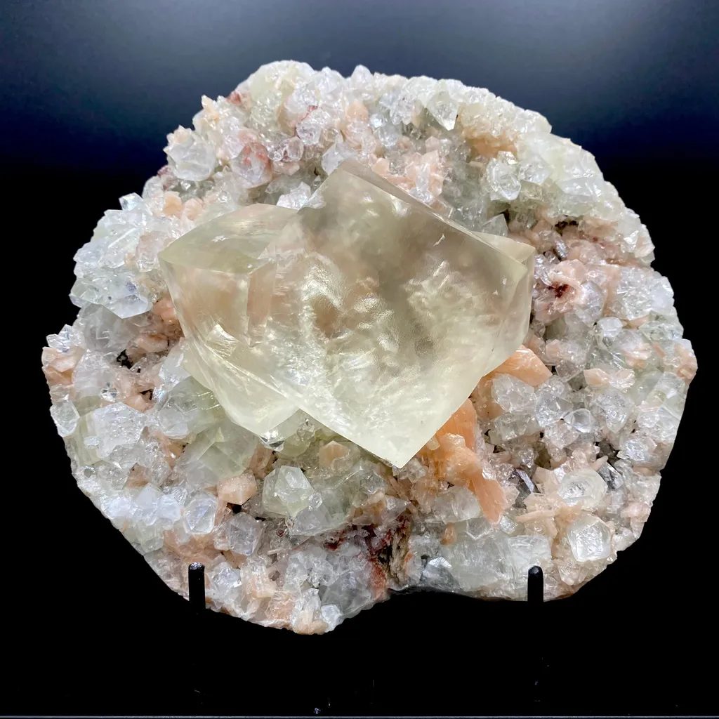 Very Gemmy Multidimensional Calcite Crystal on Apophyllite & Stilbite Matrix | Rare Indian Zeolite Mineral Specimen from Jalgaon DK113 image