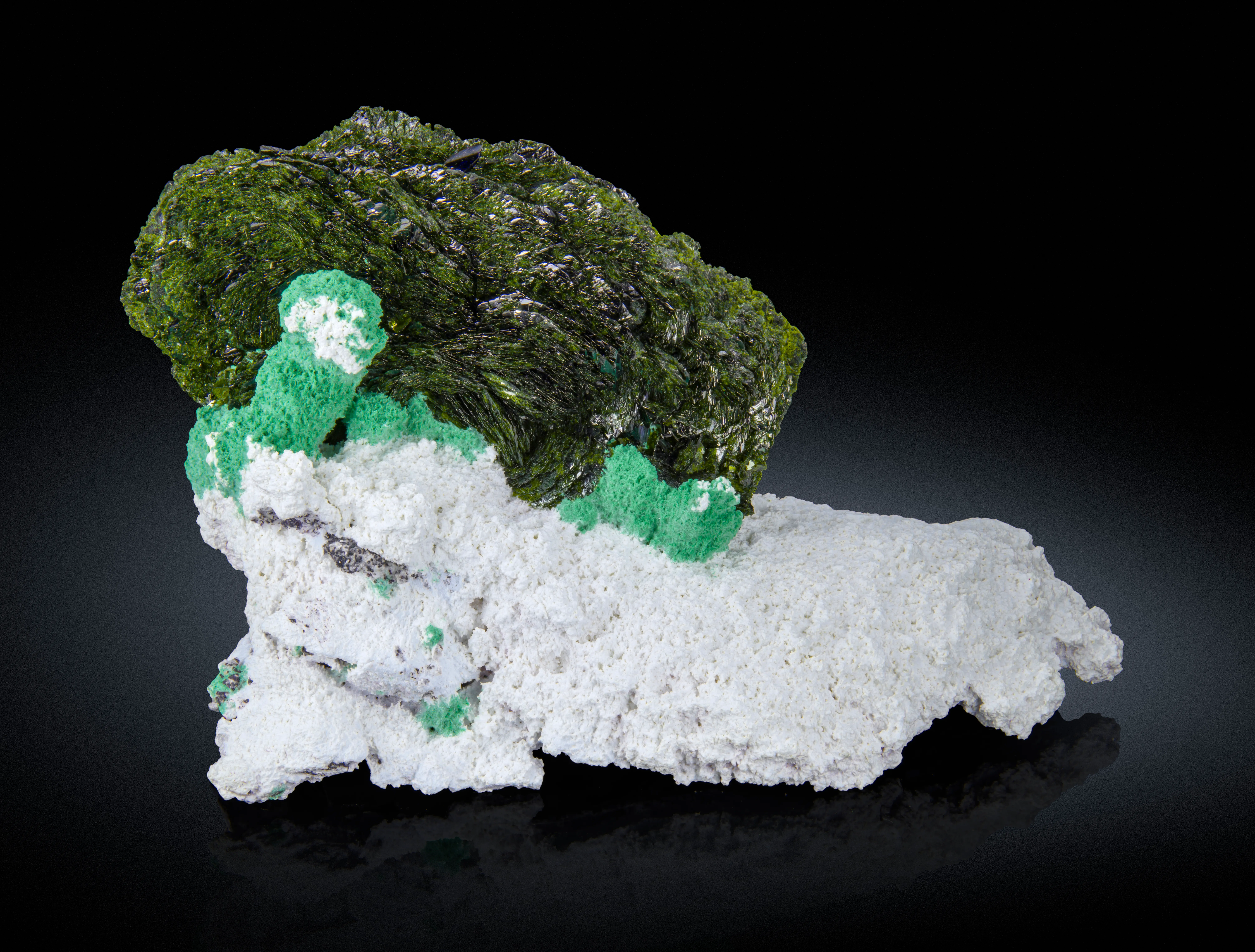 Volborthite with Malachite & Azurite on Dickite - image 1