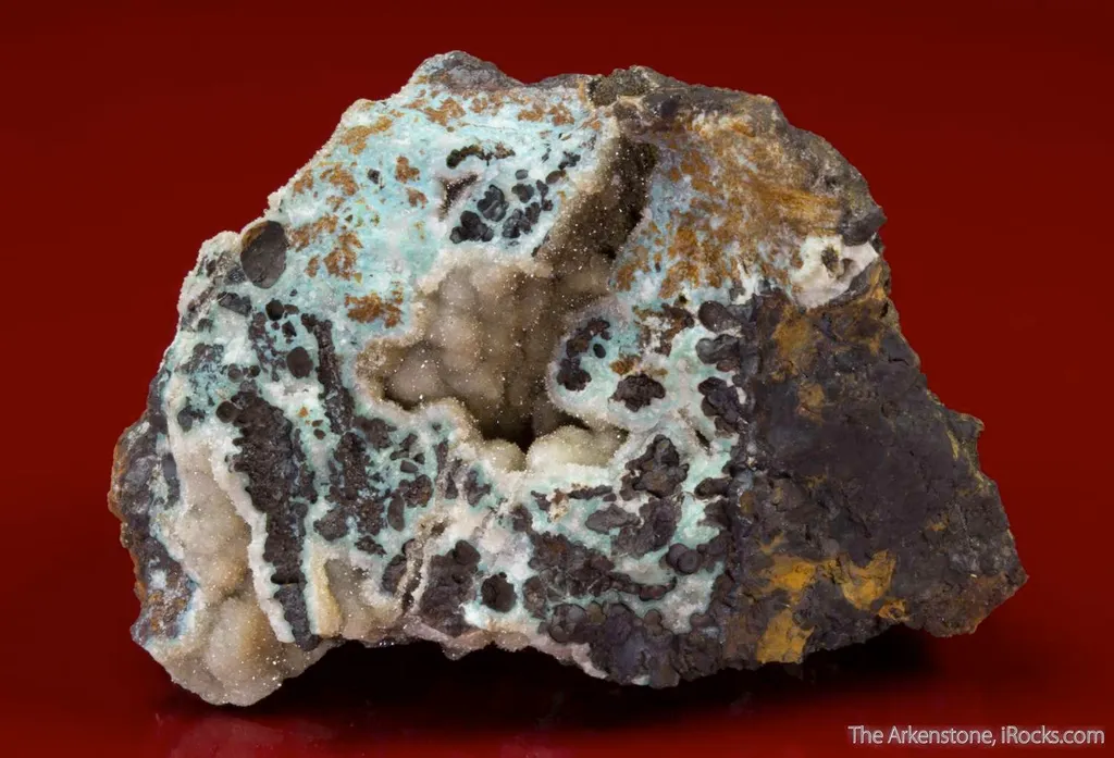 Wavellite with Turquoise and Pyrolusite image