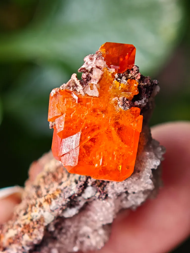 Wulfenite with calcite from Rowley Mine, USA. A very lustrous cluster from this famous locality.  Aesthetic and eye-catching specimen image