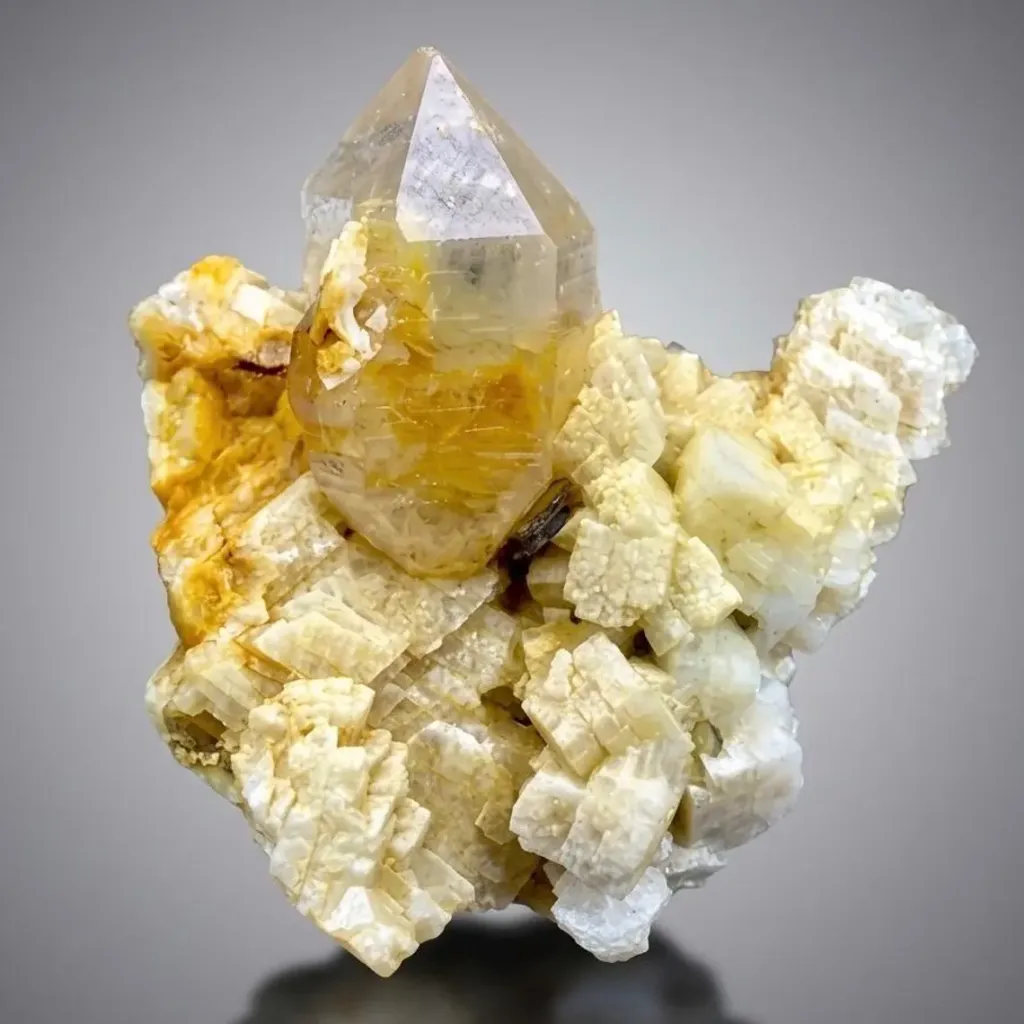 Yellow Lemurian Quartz on Feldspar from Pakistan image